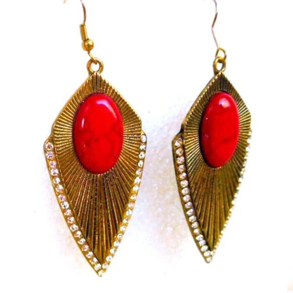 Gold Red Cabochon Rhinestone Sunburst Earrings - Picture 1 of 6